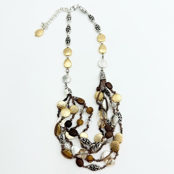 BRIGHTON Rivera Gold Silver Hammered Disk Crystal Brown Multi Cord Necklace - Picture 5 of 7